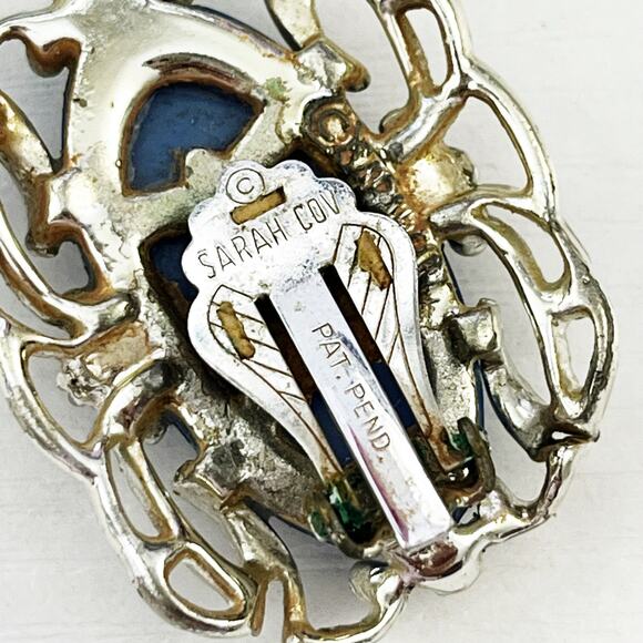 1960 Vintage Sarah Coventry Carousel Blue Cabochon with Silver Clip Earrings - Picture 5 of 7